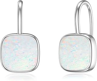 DOLIOX 925 Sterling Silver White Black Opal Drop Earring for Women Square Stone Dainty Earrings October birthstonesJewelry Gift for Wife Mom Her Sister