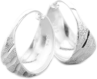 Rhodium on Sterling Silver Wide Crescent Hoop Sandblasted With Notches Diagonal Grooves Sleeper Drop Hoop Dome Earrings 16mm Hoop