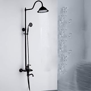 European Retro Copper Black Bathroom Shower Set Hand Shower System Round Top Spray 3-Function In-Wall Pressurized Nozzle Faucet Shower Set