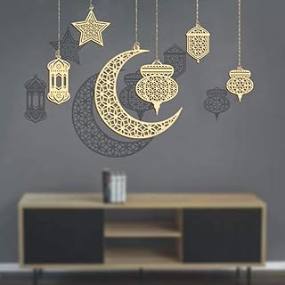 Wooden Pendant Ornament 6 Pieces Ramadan Kareem Decoration, Crescent Moon Stars Style Light Shape for Ramadan Eid Mubarak Decorations