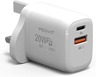 بيجانت شاحن سريع 20 واط USB C PD ثنائي المنافذ من النوع QC3.0 قابس بريطاني متوافق مع ايفون 13/12/12 ميني/12 برو/12 برو ماكس جالكسي بكسل 4/3 ايباد ايربودز بدون كابل ابيض