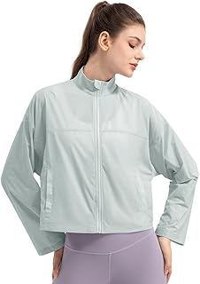 Women's Athletic Running Cropped Jacket Stand Collar Zip Up Lightweight Gym Workout Tops UPF 50+ Sun Protection Shirt