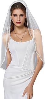 FUILUA Bride Wedding Veil Pearls and Crystals Handmade Beaded Edge 1 Tier Fingertip Length Bridal Veil