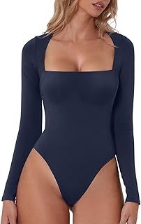 SHEKINI Women's Elegant Long-Sleeved Shapewaer Square Neckline Bodycon Shaping Bodysuit with Thong Elastic Tight Underjacket Basic Soft Jumpsuits Tops