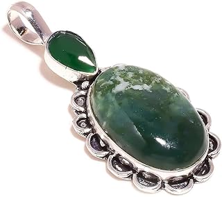 Cabochon Oval Green Moss Agate & Pear Green Onyx Gemstone Handmade Green Stone Pendant, 2.2in, Stone, Agate Green Onyx