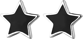 Rhodium on Sterling Silver 8mm Star Black Glazed Stud Unisex Earrings