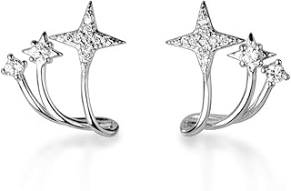 Rhodium on Sterling Silver Triple Shooting Star Polaris CZ Curvy Huggie Stud Earrings