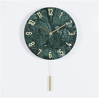 Wall Clock Marble + Copper Round Pendulum Retro Creative Green Hotel Bedroom Study Living Room Wall Clock Decoration Clock