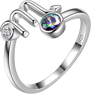 12 Zodiac Adjustable Rings 925 Sterling Sliver Mystic Rainbow Topaz Constellation Open Ring Horoscope with Cubic Zirconia Jewellery Gift for Women and Girls DR0087