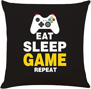 غطاء وسادة بنمط لعبة الفيديو، كلمات مضحكة Eat Sleep Game Repeat Controller اغطية وسائد مزخرفة للاعبين، اغطية وسائد مربعة مزخرفة من الكتان لغرفة الالعاب 18 انش × 18 انش