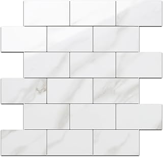 DICOFUN 3mm Subway Self Adhesive Wall Tiles, Polished White Marble Stick on Tile, Splashback Tile Stickers for Kitchen & Bathroom (10 Tiles)