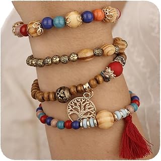 YERTTER Bohemian 4pcs Layered Beaded Stretch Stackable Bracelet Multi-Color Tree of Life Pendant Tassel Bracelet Vintage Strand Bracelet Set for Women Girls