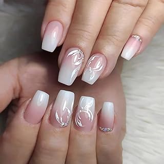 Clataly 24 Pieces Butterfly Stars Gradually False Nails Nude Pink Nails Rhinestone Flowers Nail Print Full Cover False Nails for Women and Girls (B)