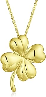 Celtic Saint Patrick's Good Luck Fortune Irish Shamrock Shape Lucky Charm Four Leaf Clover Pendant Necklace Stud Earrings Jewelry Set For Women Teen Yellow 14K Gold Plated .925 Sterling Silver