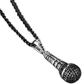 Men's Stainless Steel Hip Hop Diamond CZ Microphone Pendant Charm Necklace with Chain 24", Silver Cubic Zirconia, Cubic Zirconia,Diamond