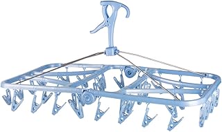 شماعة قابلة للطي بمشبك وتقطير، شماعة ملابس داخلية مع 36 مشبك غسيل وخطاف مقاوم للرياح، شماعة لتجفيف المناشف وحمالات الصدر وملابس الاطفال وشرابات الغسيل البلاستيكية، مقاس L، ازرق، من اناكلين
