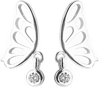 Sterling Silver Butterfly Hollow Wing Bezel CZ Drop Dangle Stud Earrings, Small, Sterling Silver, Cubic Zirconia