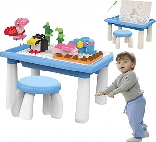 Kids Multi Activity Building Block Table Chair Set with Storage,Includes 100 Particle Building Blocks 1 Chair 2 Erasable Pens,Kids Study Table Versatile Toys for Boys Girls of 3-12 Years Old (a)