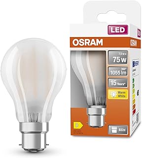 اوسرام LED لمبة الشعيرة بلورية LED ، قاعدة B22d ، أبيض دافئ (2700K) ، شكل اللمبة ، طقم استبدال للمصابيح التقليدية 75 وات ، حزمة واحدة، 75.0 واط