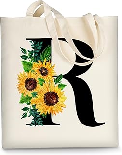 AUSVKAI Cute Sunflower Initial Canvas Tote Bag Aesthetic for Women