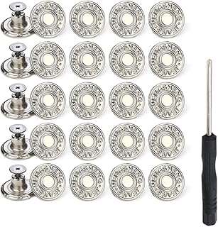 20 Sets Adjustable Buttons for Jeans, 20mm No Sew Instant Metal Buttons, Removable Jean Buttons Replacement Repair Kit with Threads Rivets and Screwdriver (Silver)