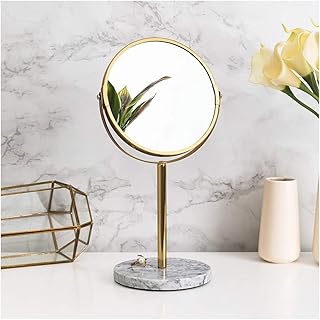 Makeup Mirror Vanity Cosmetic 3X Magnifying Mirror Double-Sided Round Surface 360 Degree Swivel Rotation Gold Metal Stand with Natural Marble Base for Home Bedroom Bathroom Home Vanity Mirror