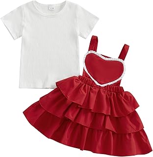 Toddler Valentines Dress Heart Outfit Solid Shirt Layered Overall Skirt Baby Girls Valentines Outfit 2Pcs, Heart Red, 3-4 Years