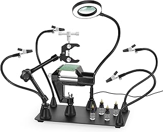 يد مساعدة مغناطيسية للحام بيد ثالثة، حامل لوحة الدوائر الالكترونية المطبوعة مع مصباح LED مكبرة 3 اضعاف، حامل مسدس الهواء الساخن 360 درجة، لوحة قاعدة كبيرة جدا وشديدة التحمل | اذرع مرنة لمحطة اللحام