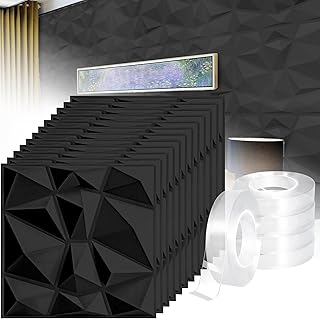 FLOVESUNS 12 PCS Decorative 3D Wall Panels in Diamond Design, 11.8" x 11.8" Wall Decor PVC Waterproof Panel, 3D Textured Wall Panels for Interior Wall Decor，With mounting tool (Black)