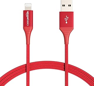 كيبل شحن USB نوع ايه إلى لايتنينج من أمازون بيسيكس سلك مضفر النايلون شاحن معتمد ابل ايفون 14 13 12 11 X XS برو ماكس بلس ايباد 9144 سم أحمر