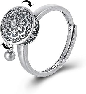 LOVECOM 100% Real 925 Sterling Silver Rotating Rings for Women Fidget Finger Anxiety Spinner Ring Good Luck Buddhist Tibetan Prayer Wheel Lady Bands Relieving Stress Ring Jewelry Christmas Gifts