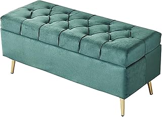 Luxury Upholstered Bench with Storage, Rectangular End of Bed Bench, Modern Storage Bench, Tufted Footstool with Metal Legs for Bedroom,(Dark Green-60x40x45cm