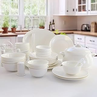 Bone China Dinner Set, Fine Porcelain Kitchen Serving Dinning Pure White Dinnerware Combi-Set with Round Cereal Noodle Bowls Dessert Deep Soup Fish Plates (56 Pieces Service for 12 People)