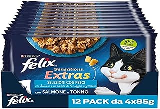 Purina Felix Sensations Extras Humidifier for Cats with Salmon and a Pinch of Cheese and Tuna and a Pinch of Cheese, 48 Bags of 85 g