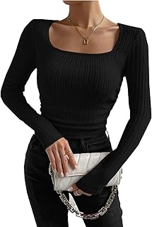 Women's Black Square Neck Sweaters Fall Fitted Long Sleeve Pullover Sweater Ribbed Knit Basic Tops