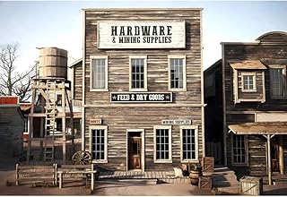 YongFoto 3 x 2.5 m Western City Background Wild West Antique Rustic Empty Street Shops Wooden House Barrel Photo Studio Backgrounds for Kids Adults Cowboy Theme Party Photo Booth Props