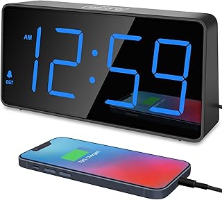 Peakeep Digital Clock, Alarm Clock for Bedrooms - Large Big Numbers 5 Dimmers for Seniors, Battery Backup Loud Alarm Clock with USB Charger Port (Blue Digit)