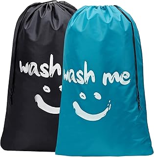 CJWLKJ 2-Pack XL Travel Laundry Bag, Machine Washable Dirty Clothes Organizer, Large Enough to Hold 4 Loads of Laundry, Easy Fit a Laundry Hamper or Basket (Black+Sky Blue)