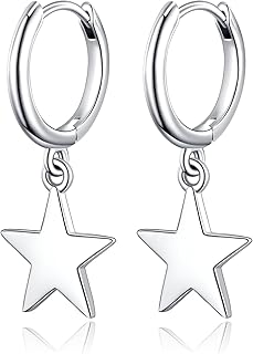 JSGEMSLEE Silver Star Earrings for Women Girls Star Dangle Hoop Earrings Sterling Silver Small Huggie Hoop Earrings Star Hoop Earrings Christmas Gifts