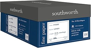 ساوثورث اظرف #10 من القطن بنسبة 25%، 4.1 انش × 9.5 انش، 24 باوند/90 غرام لكل متر مربع، لمسة نهائية من الكتان، عاجي، 250 ظرف - قد تختلف العبوة (J564-10)