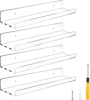 ارفف عائمة من الاكريليك مقاس 15 انش شفافة مكونة من 4 قطع من رف الكتب للعرض غير المرئي، رف فاخر يثبت على الحائط بسمك جانسبورج 5 ملم، منظم عرض للحمام