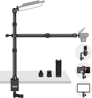 نيوير حامل كاميرا علوي لسطح الطاولة مع ذراع تمديد تلسكوبي من قسمين، حامل جوال، رؤوس كروية، محولات براغي، حامل اضاءة مكتب للكاميرا والجوال وكاميرا الويب ومصباح حلقي TL253A+DS001، ابيض