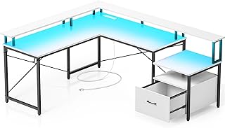 رولانستار مكتب كمبيوتر مع درج ملفات على شكل حرف L مقاس 68 انش مخرج طاقة وشريط LED زاوية للكمبيوتر خزانة العاب رف شاشة منزلي ابيض