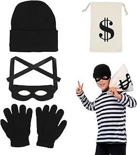 Bank Robber Costume, Robber Costume Children, Thief Costume Set with Bank Robber Mask, Money Bag with Dollar Sign, Knitted Hat, Gloves, Criminal Costume for Carnival, Halloween, Burglar Theme Party