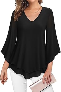 Women Mesh Bell Sleeve Tunic Top V Neck 3/4 Sleeve Ruffle Blouse Shirt