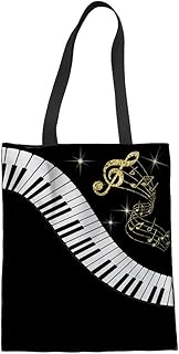 HUGS IDEA Piano Music Notes Linen Tote Bag Fashion Shoulder Bag for Women Girl