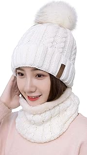 IYEBRAO Womens Winter Knit Beanie Hat and Scarf Set Girls Cute Slouchy Thick Fleece Lined Ski Hat Warm Skull Cap with Pom