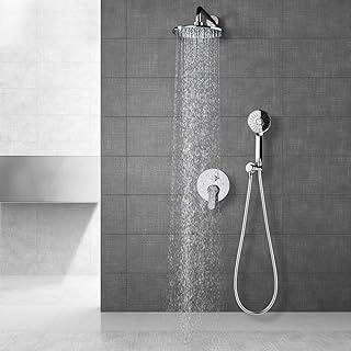 Rainfall Shower System Wall Mounted, 8-inch Rainfall Shower and 2 Modes Handheld Shower, Brass Concealed Shower Faucet Set, Chrome Finished