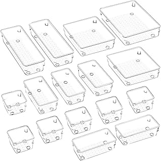 ايكام 16 قطعة من صناديق تنظيم الادراج مع وسادات سيليكون غير قابلة للانزلاق، مجموعة ادراج المكتب 5 احجام، صينية تخزين لتنظيم المجوهرات والمكياج في غرفة النوم وخزانة الملابس والمكتب والمطبخ (شفاف)