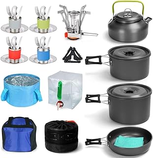 NIBEMINENT Camping Accessories, Camping Hiking equipment with Stove, Pot Pan Kettle Cups Dishes Forks Spoons Cookware Mess Kit for Outdoor Camping Hiking Picnic